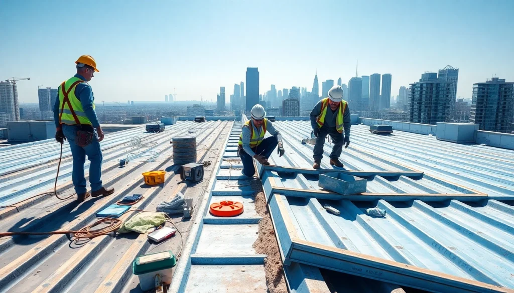 Engaged roofers showcasing commercial roofing services on a sunny urban rooftop.