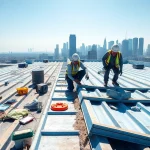 Engaged roofers showcasing commercial roofing services on a sunny urban rooftop.
