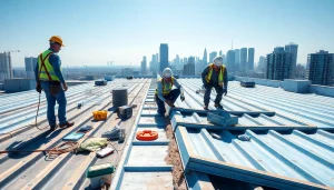 Engaged roofers showcasing commercial roofing services on a sunny urban rooftop.