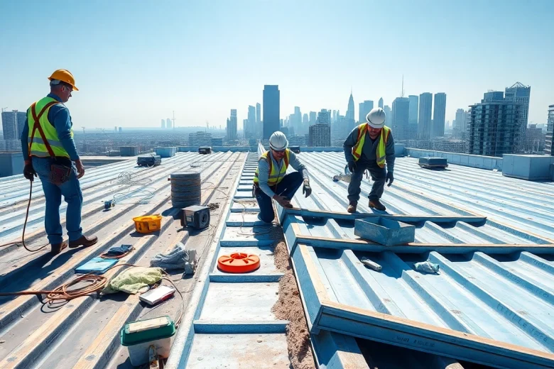 Engaged roofers showcasing commercial roofing services on a sunny urban rooftop.