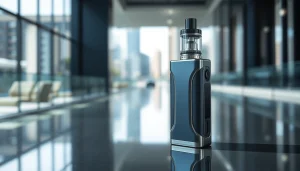 Elfbar Vape Gerät auf strahlendem Untergrund mit modernem urbanem Hintergrund.