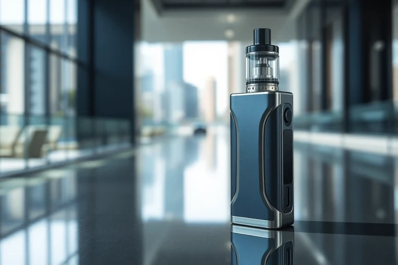 Elfbar Vape Gerät auf strahlendem Untergrund mit modernem urbanem Hintergrund.