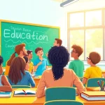 Engaging classroom scene emphasizing Education with diverse students and a teacher.