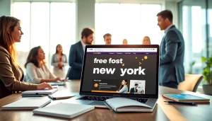 Engaged professionals discussing a free job post new york in a bright office setting.