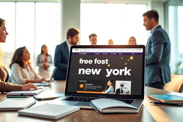 Engaged professionals discussing a free job post new york in a bright office setting.