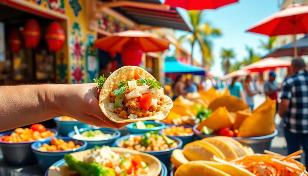 Savor Cabo food recommendations with vibrant Mexican dishes in a bustling market.