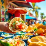 Savor Cabo food recommendations with vibrant Mexican dishes in a bustling market.