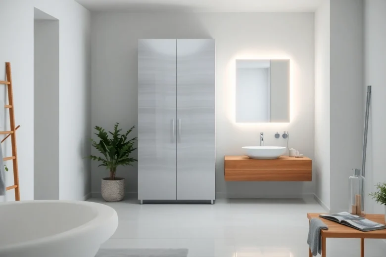 sonni Spiegelschrank mit moderner LED-Beleuchtung im eleganten Badezimmer präsentieren.