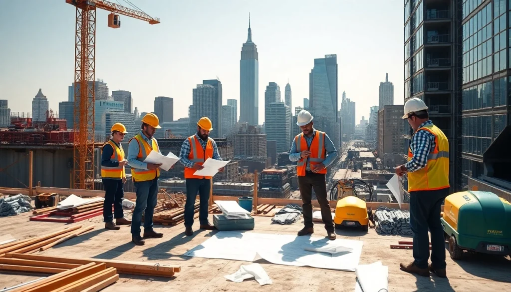 New York Commercial General Contractor overseeing a dynamic construction site with a team.