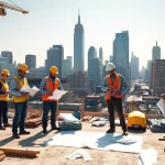 New York Commercial General Contractor overseeing a dynamic construction site with a team.