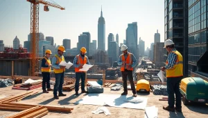 New York Commercial General Contractor overseeing a dynamic construction site with a team.