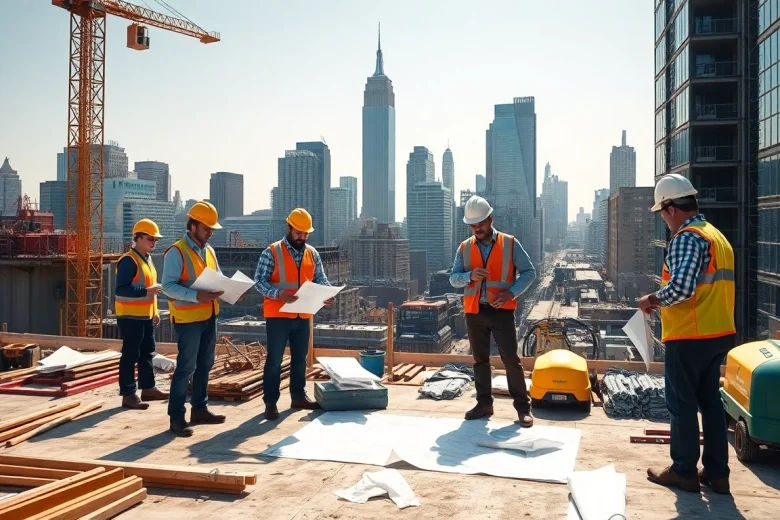 New York Commercial General Contractor overseeing a dynamic construction site with a team.