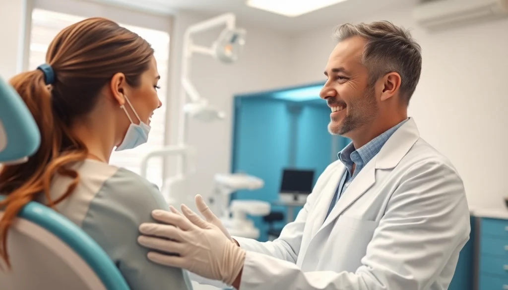 Dentist performing a check-up, showcasing a comfortable and professional dental clinic.