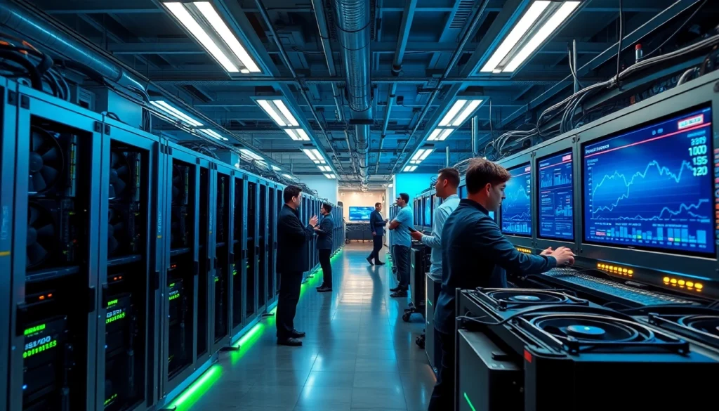 Inside a modern mining facility showcasing the best crypto mining site with advanced rigs and engaged professionals.