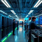 Inside a modern mining facility showcasing the best crypto mining site with advanced rigs and engaged professionals.