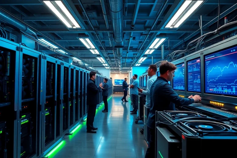 Inside a modern mining facility showcasing the best crypto mining site with advanced rigs and engaged professionals.