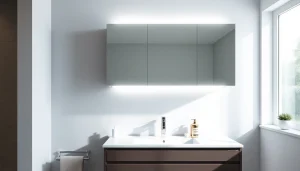 Moderne spiegelschrank mit led Beleuchtung mit elegantem Design im Badezimmer.