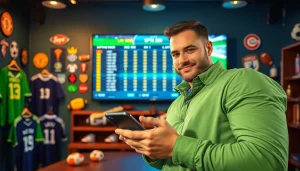 Engaging scene of a bettor using the best sports betting sites Brazil on a mobile device.