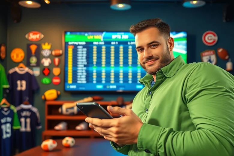 Engaging scene of a bettor using the best sports betting sites Brazil on a mobile device.