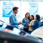 Buy a car with a friendly dealership representative assisting a family in a bright showroom.