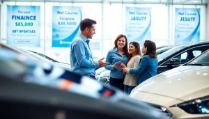 Buy a car with a friendly dealership representative assisting a family in a bright showroom.