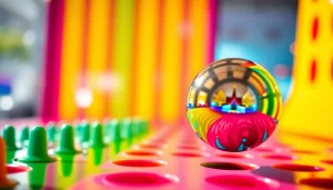 Menjatuhkan bola di demo plinko dengan papan berwarna-warni yang cerah.