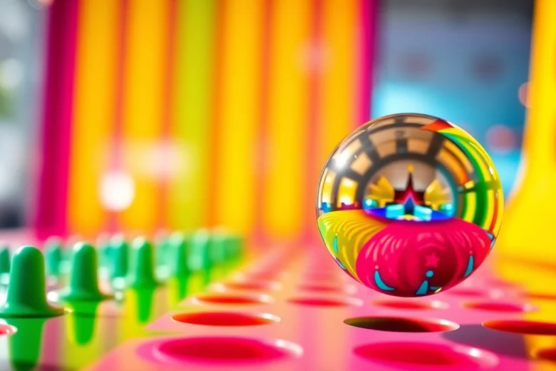 Menjatuhkan bola di demo plinko dengan papan berwarna-warni yang cerah.