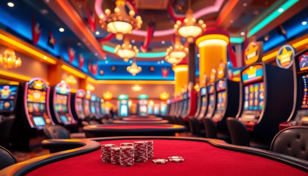 Engaging scene at an online casino in Texas featuring poker tables and vibrant gaming machines.