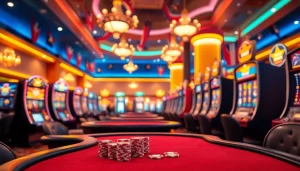 Engaging scene at an online casino in Texas featuring poker tables and vibrant gaming machines.