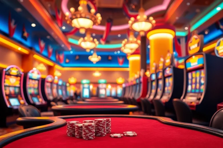 Engaging scene at an online casino in Texas featuring poker tables and vibrant gaming machines.