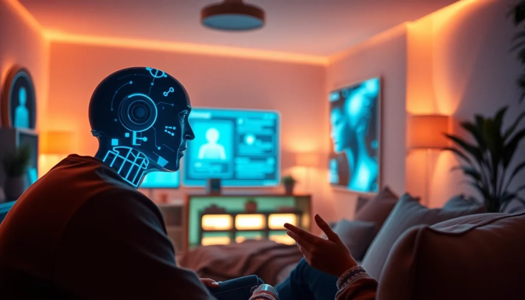 AI chat sex interaction showcasing a user engaging intimately with a digital AI character in a cozy, innovative setting.