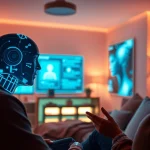 AI chat sex interaction showcasing a user engaging intimately with a digital AI character in a cozy, innovative setting.