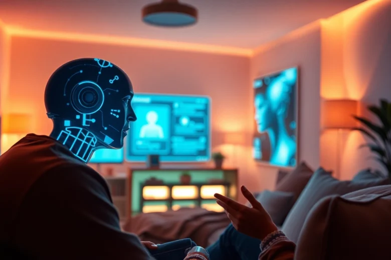 AI chat sex interaction showcasing a user engaging intimately with a digital AI character in a cozy, innovative setting.