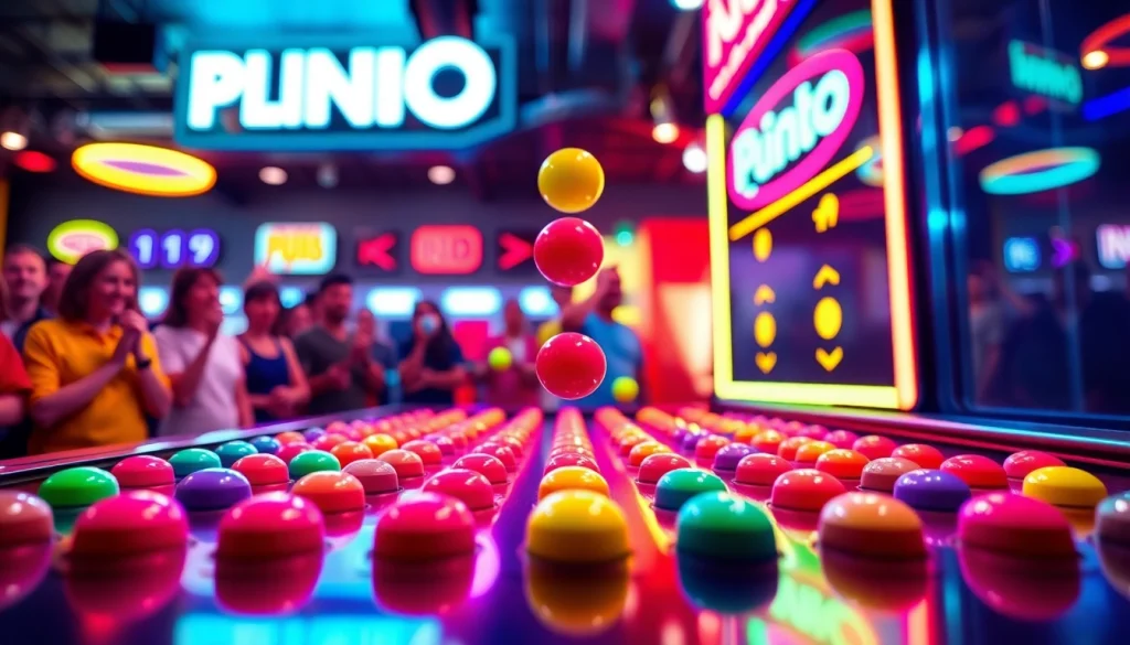 Mainkan plinko demo dengan bola berwarna yang jatuh melalui pin dalam suasana permainan yang ceria.