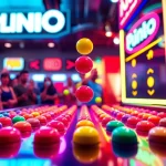 Mainkan plinko demo dengan bola berwarna yang jatuh melalui pin dalam suasana permainan yang ceria.