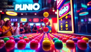 Mainkan plinko demo dengan bola berwarna yang jatuh melalui pin dalam suasana permainan yang ceria.