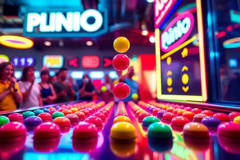 Mainkan plinko demo dengan bola berwarna yang jatuh melalui pin dalam suasana permainan yang ceria.