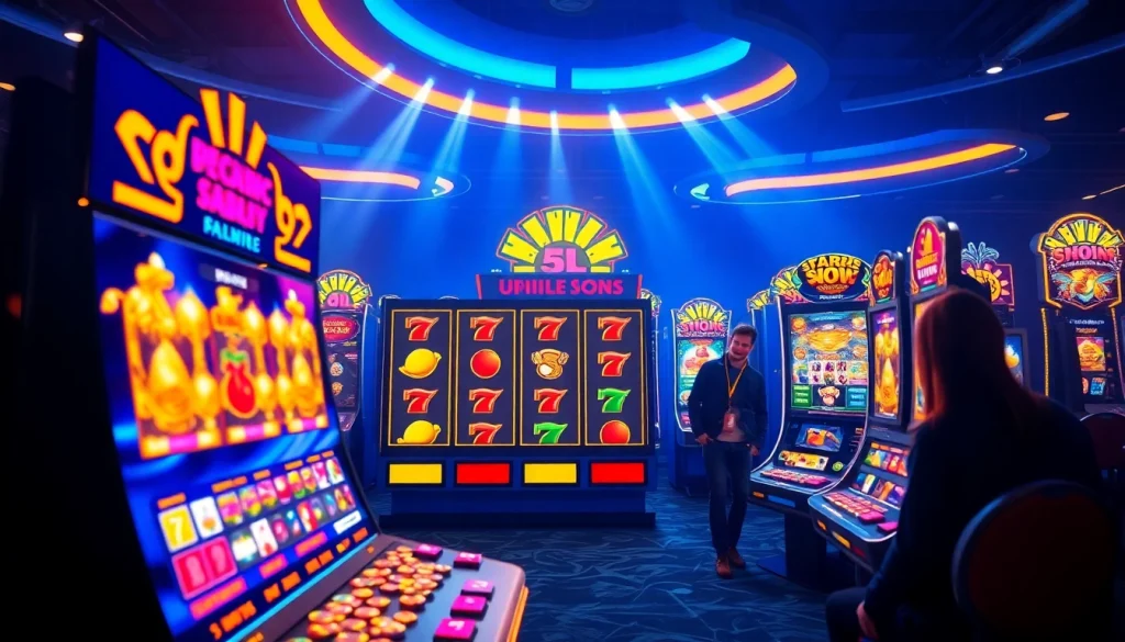 Situs kode4d online gaming scene showcasing vibrant slot machines and excited players.