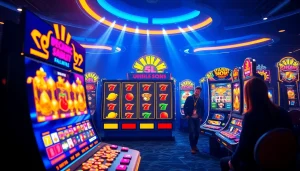 Situs kode4d online gaming scene showcasing vibrant slot machines and excited players.