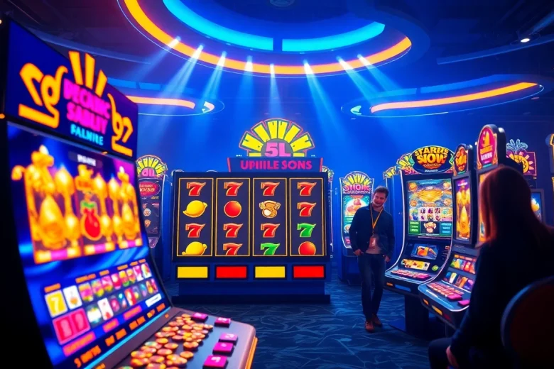 Situs kode4d online gaming scene showcasing vibrant slot machines and excited players.