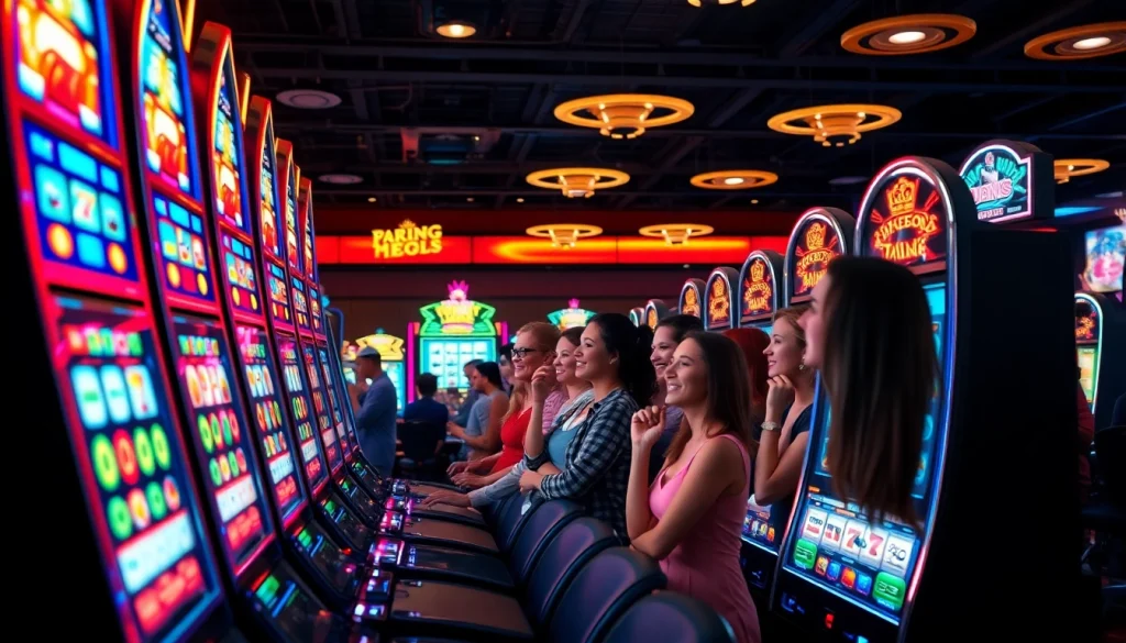 Mainkan slot depo pulsa dengan suasana kasino yang hidup dan mesin slot yang berwarna-warni.