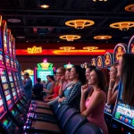 Mainkan slot depo pulsa dengan suasana kasino yang hidup dan mesin slot yang berwarna-warni.