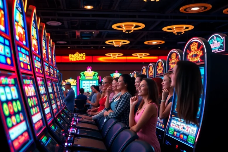 Mainkan slot depo pulsa dengan suasana kasino yang hidup dan mesin slot yang berwarna-warni.