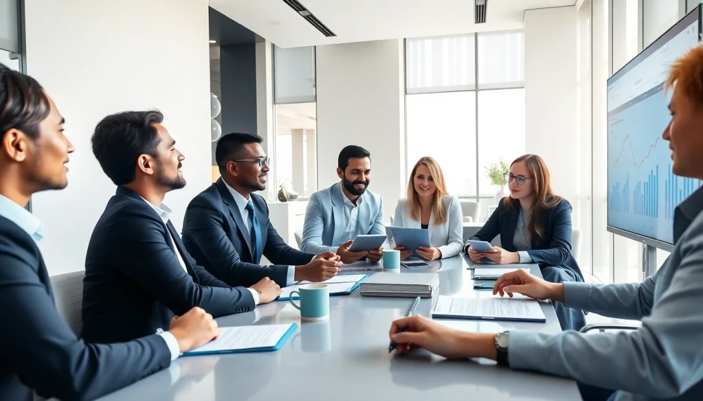 Engaged professionals as Business Consultants in Dubai strategize in a modern office setting.