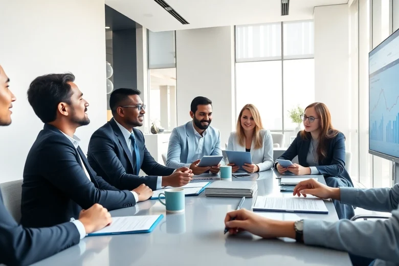 Engaged professionals as Business Consultants in Dubai strategize in a modern office setting.