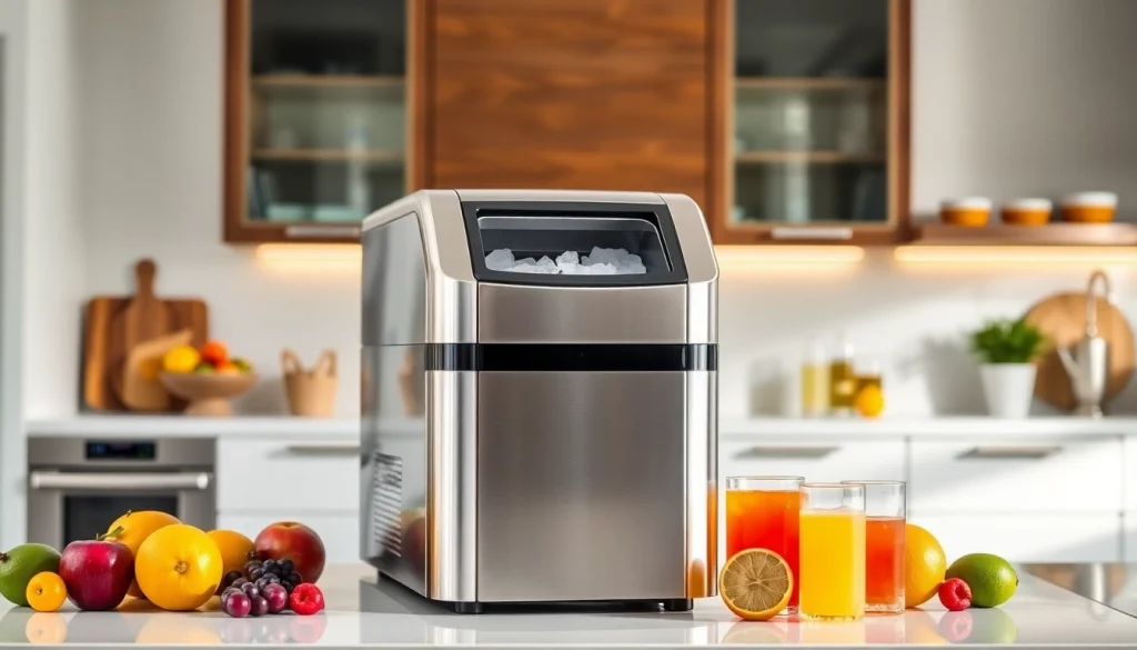 Showcase of an ice maker creating refreshing ice in a vibrant kitchen environment.