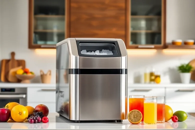 Showcase of an ice maker creating refreshing ice in a vibrant kitchen environment.