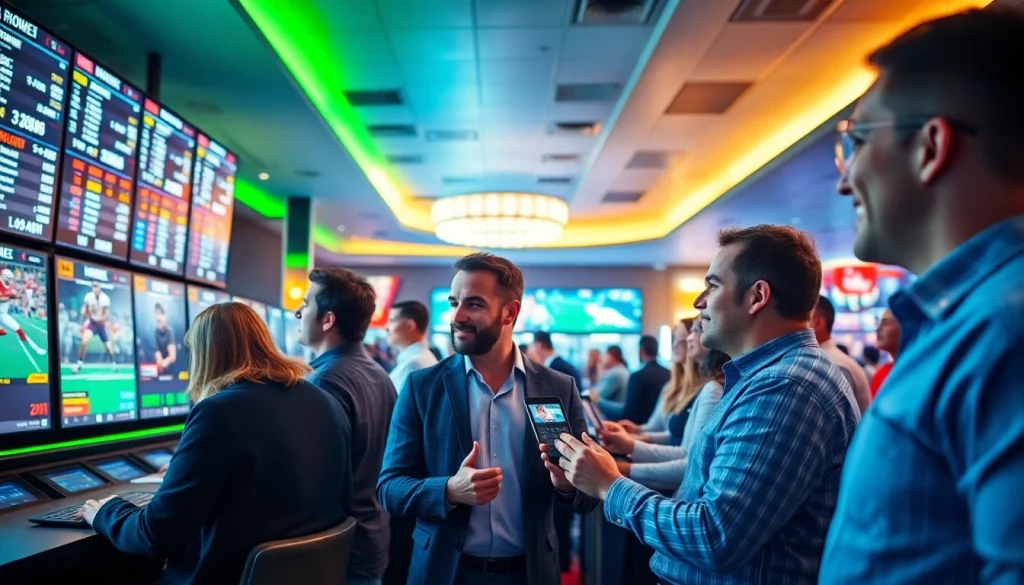 Engaged bettors enjoying sportsbooks in Canada with vibrant screens and an energetic atmosphere.
