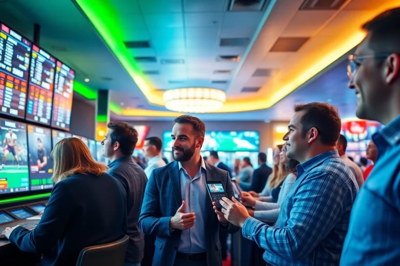 Engaged bettors enjoying sportsbooks in Canada with vibrant screens and an energetic atmosphere.