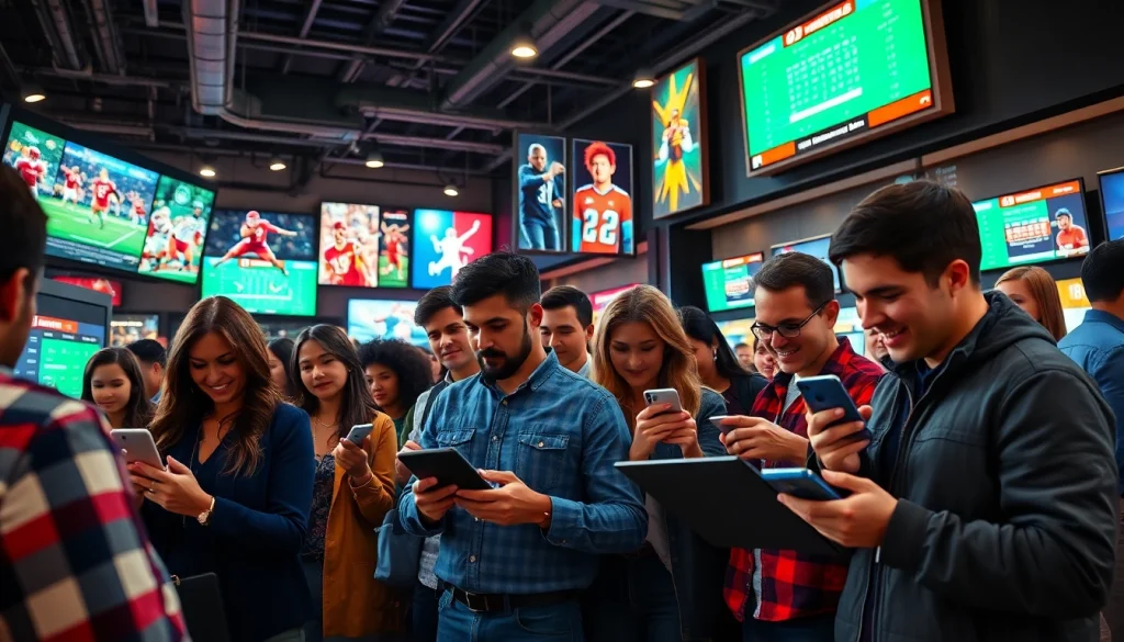 Engaged bettors exploring sportsbooks in Georgia amidst an energetic urban setting.